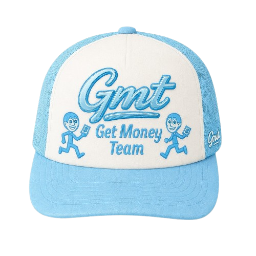 Get Money Trucker Hat Baby Blue Colourway